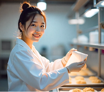 오븐에서 나온 빵들이 놓여져 있는 주방에서 와이프올의 푸드 서비스 와이퍼를 들고 있는 20대 여성 제빵사의 모습